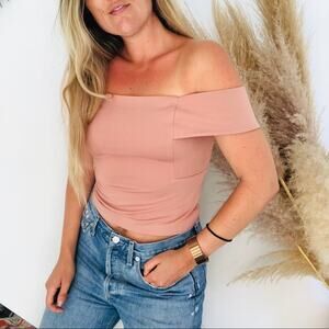 ANTHROPOLOGIE DELETTA Blush Pink Ponte Off-The-Shoulder Crop Top Shirt Blouse S